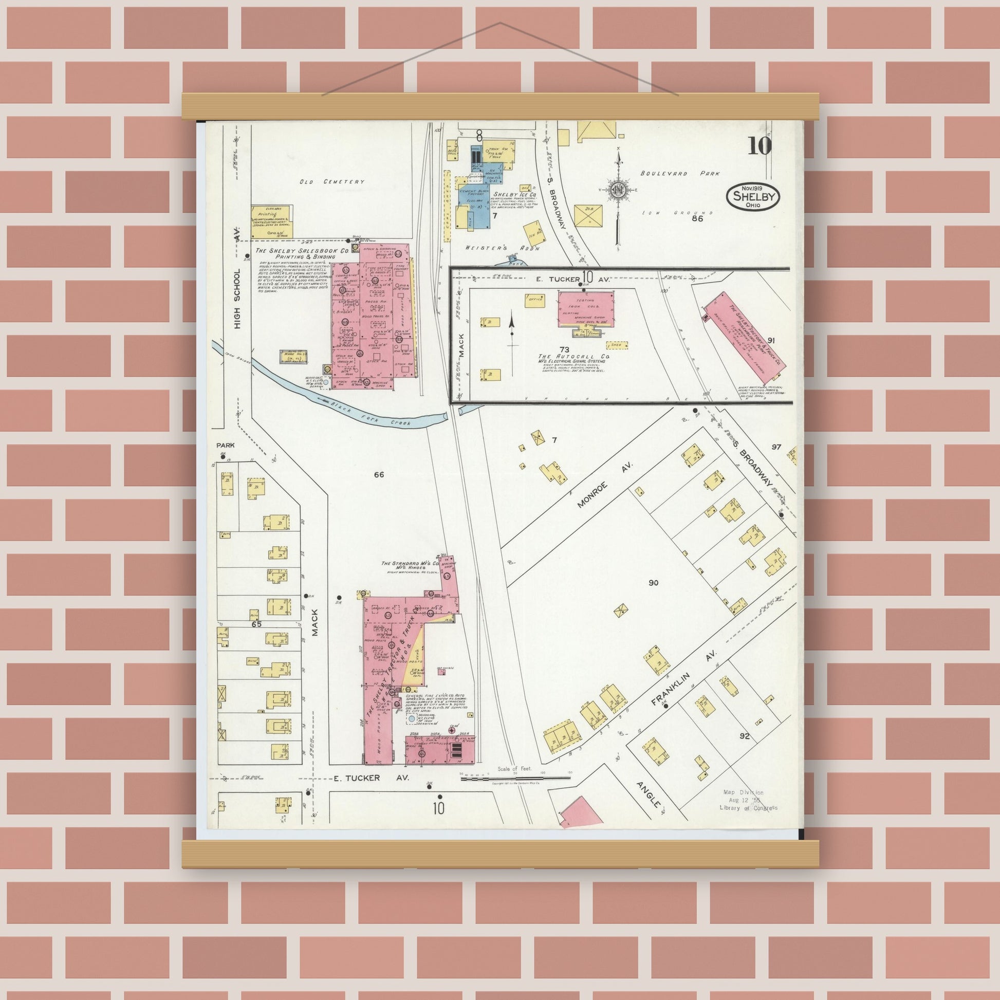 Old map wall art mockup — magnetic wood frame on brick wall — Sanborn Fire Insurance Map from Shelby, Richland County, Ohio (1919), Sheet #0010