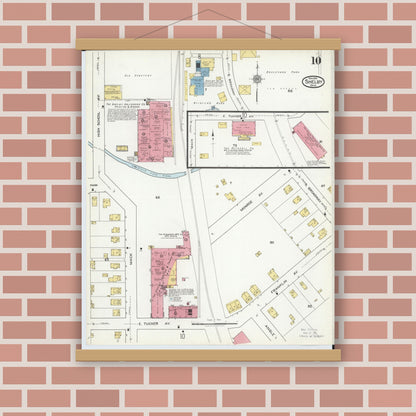 Old map wall art mockup — magnetic wood frame on brick wall — Sanborn Fire Insurance Map from Shelby, Richland County, Ohio (1919), Sheet #0010