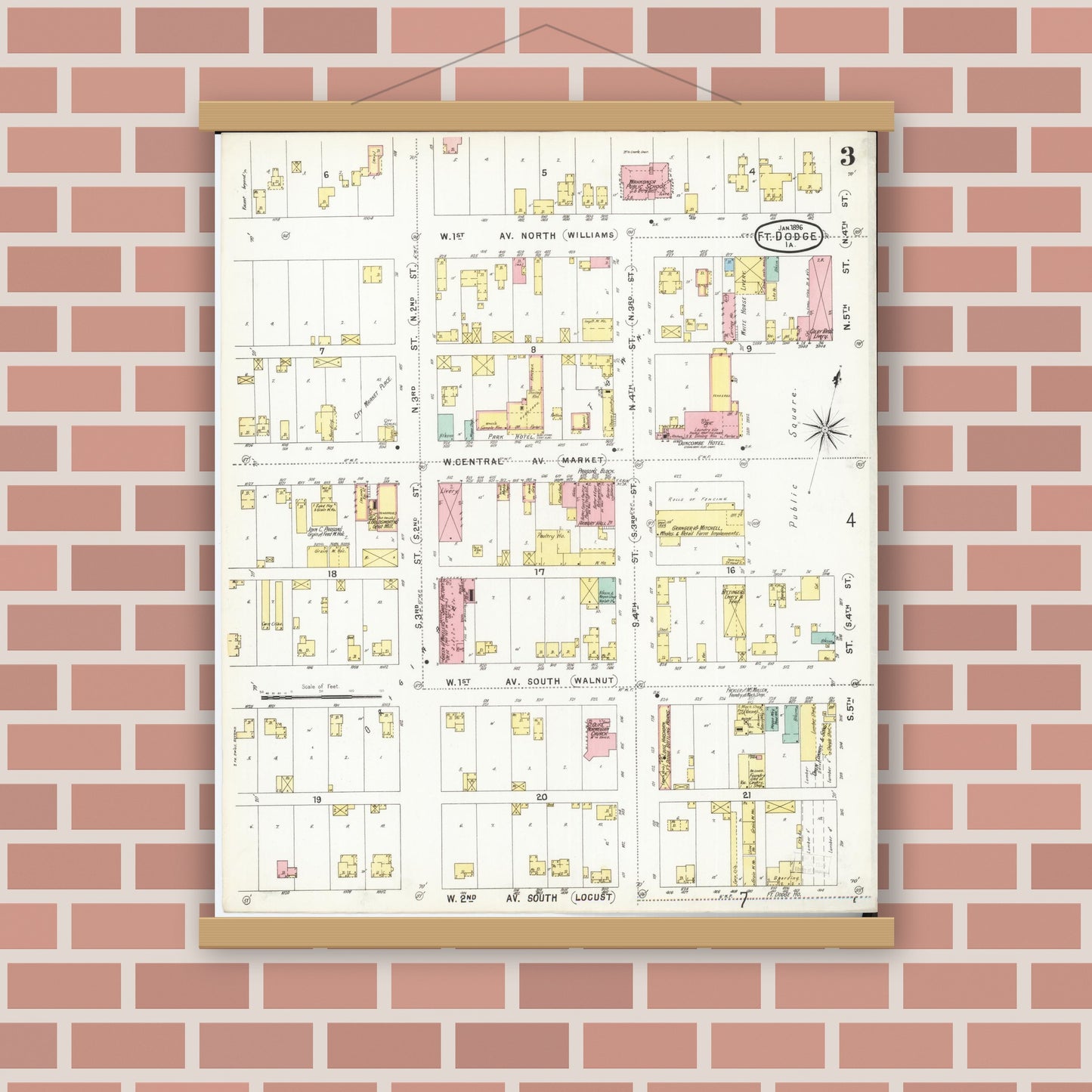 Old map wall art mockup — magnetic wood frame on brick wall — Sanborn Fire Insurance Map from Fort Dodge, Webster County, Iowa (1896), Sheet #0003