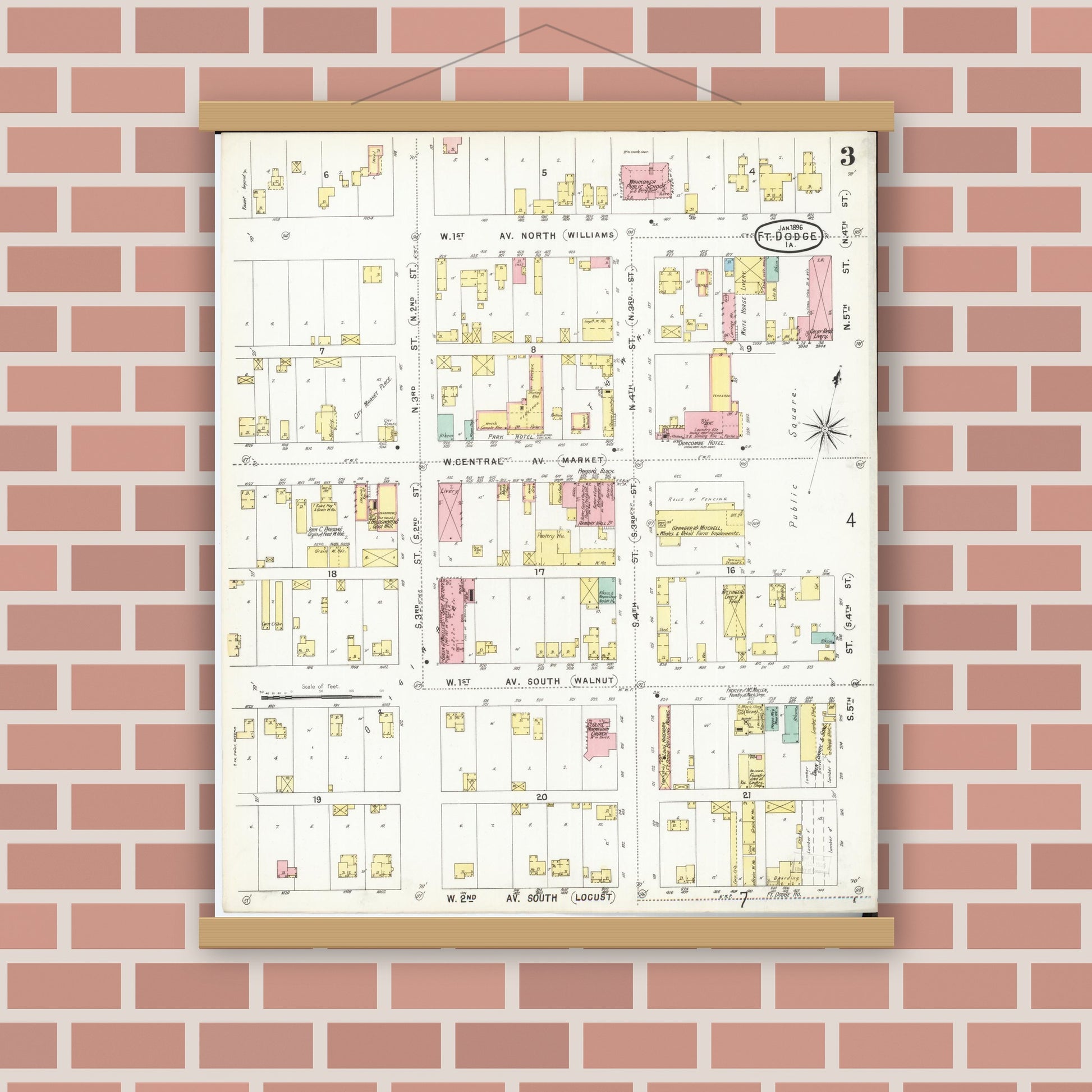 Old map wall art mockup — magnetic wood frame on brick wall — Sanborn Fire Insurance Map from Fort Dodge, Webster County, Iowa (1896), Sheet #0003