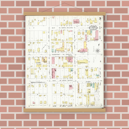 Old map wall art mockup — magnetic wood frame on brick wall — Sanborn Fire Insurance Map from Fort Dodge, Webster County, Iowa (1896), Sheet #0003