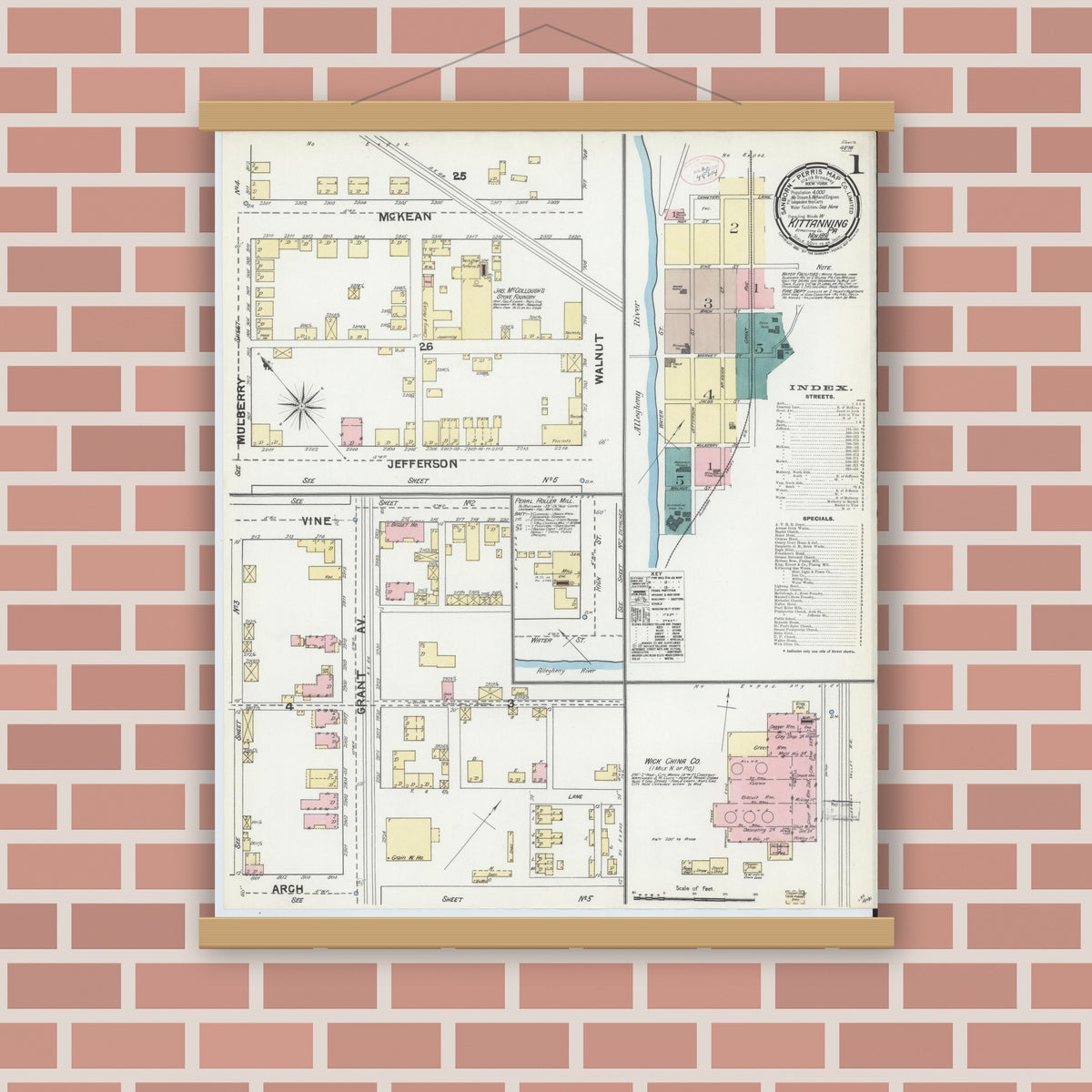 Old map wall art mockup — magnetic wood frame on brick wall — Sanborn Fire Insurance Map from Kittanning, Armstrong County, Pennsylvania (1891) - Complete Map Set