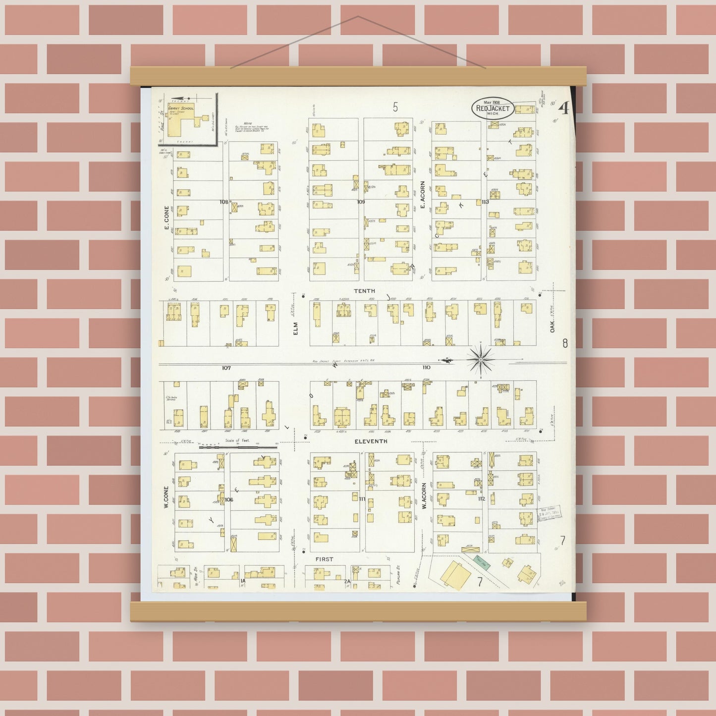 Old map wall art mockup — magnetic wood frame on brick wall — Sanborn Fire Insurance Map from Red Jacket, Houghton County, Michigan (1908), Sheet #0004