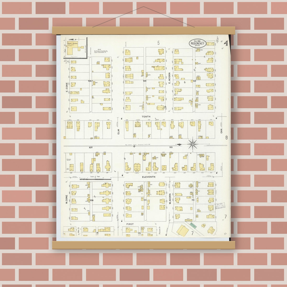 Old map wall art mockup — magnetic wood frame on brick wall — Sanborn Fire Insurance Map from Red Jacket, Houghton County, Michigan (1908), Sheet #0004
