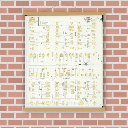 Old map wall art mockup — magnetic wood frame on brick wall — Sanborn Fire Insurance Map from Red Jacket, Houghton County, Michigan (1908), Sheet #0004