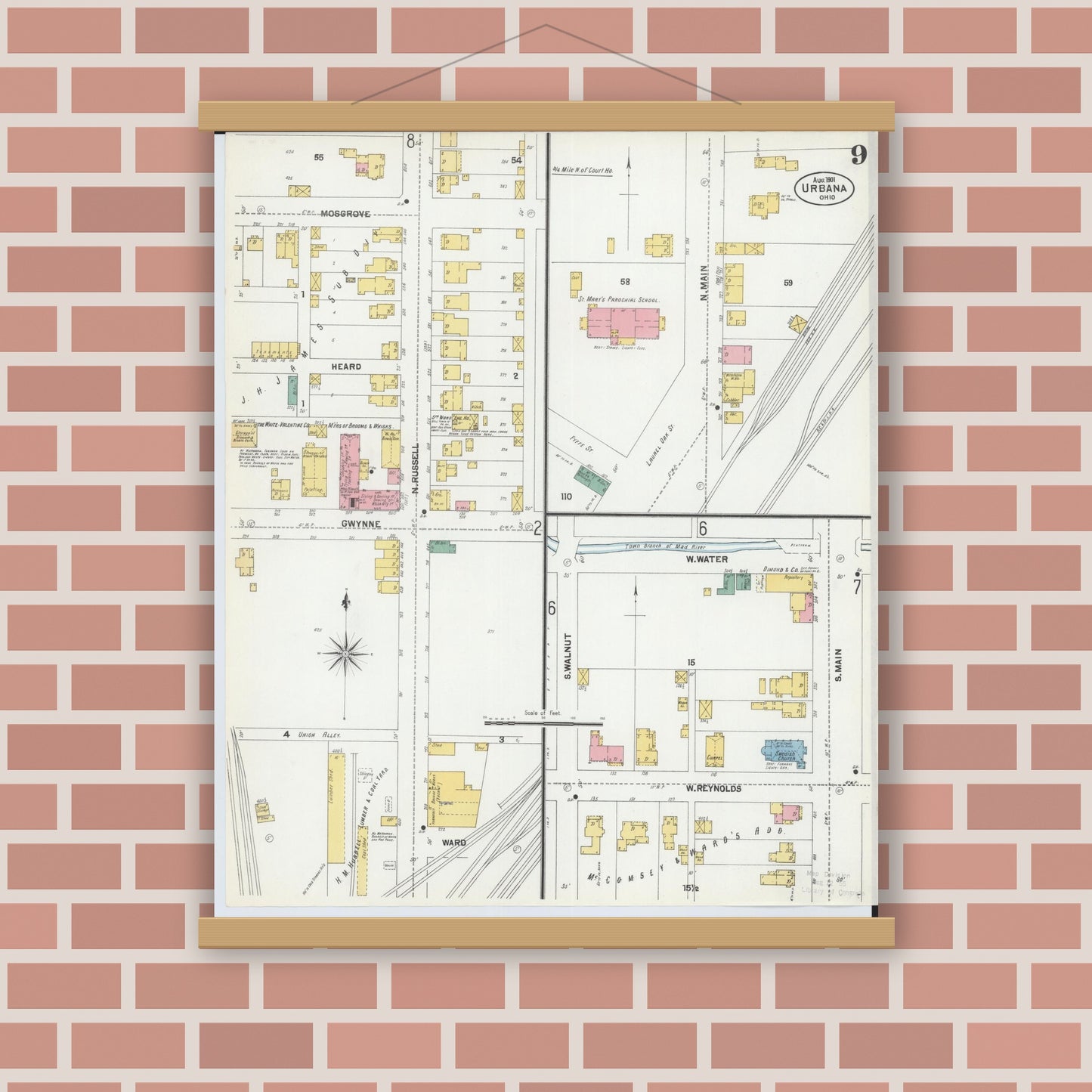 Old map wall art mockup — magnetic wood frame on brick wall — Sanborn Fire Insurance Map from Urbana, Champaign County, Ohio (1901), Sheet #0009