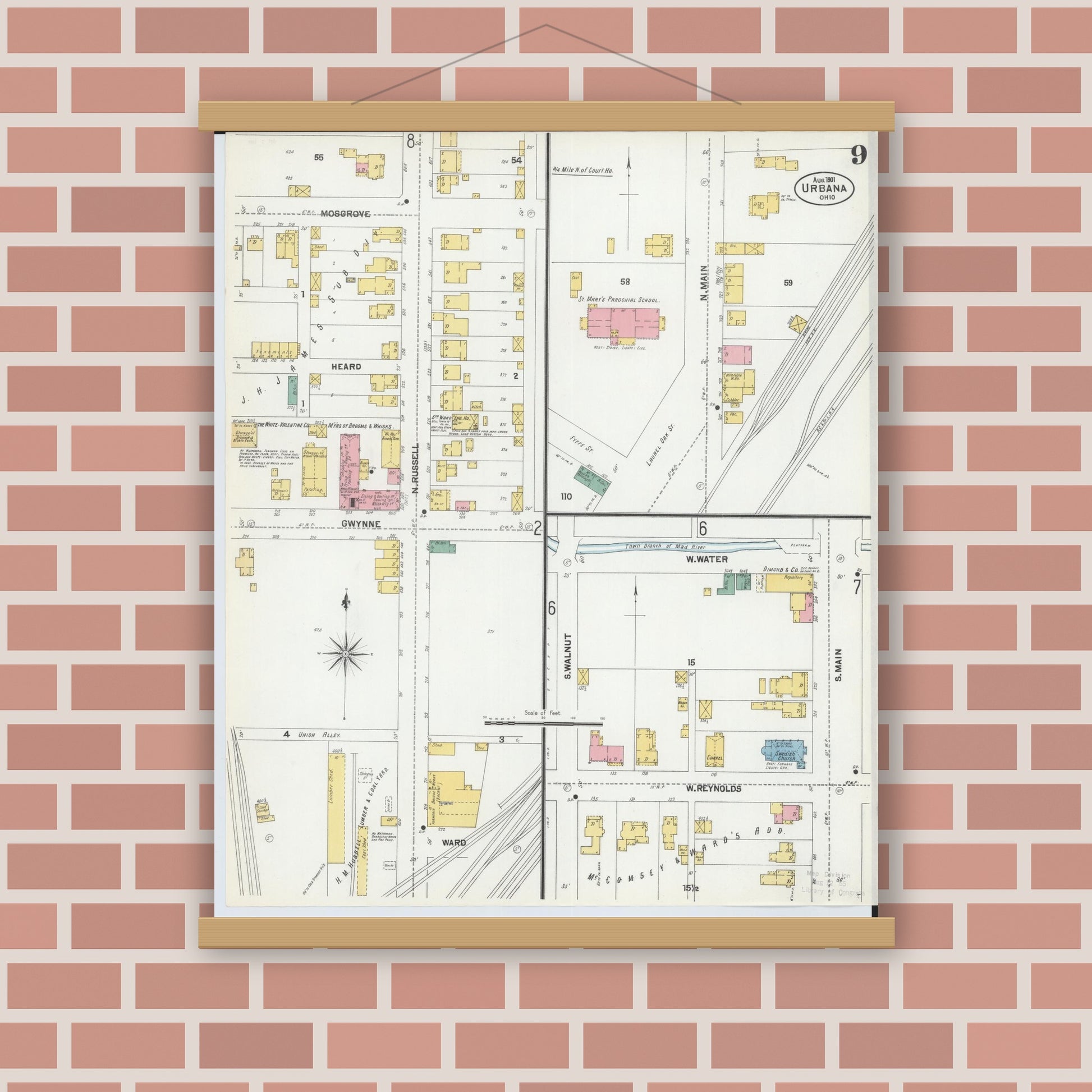 Old map wall art mockup — magnetic wood frame on brick wall — Sanborn Fire Insurance Map from Urbana, Champaign County, Ohio (1901), Sheet #0009