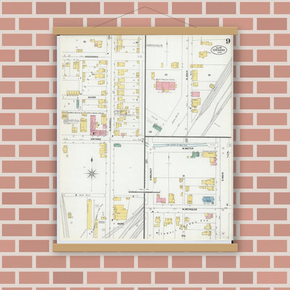 Old map wall art mockup — magnetic wood frame on brick wall — Sanborn Fire Insurance Map from Urbana, Champaign County, Ohio (1901), Sheet #0009