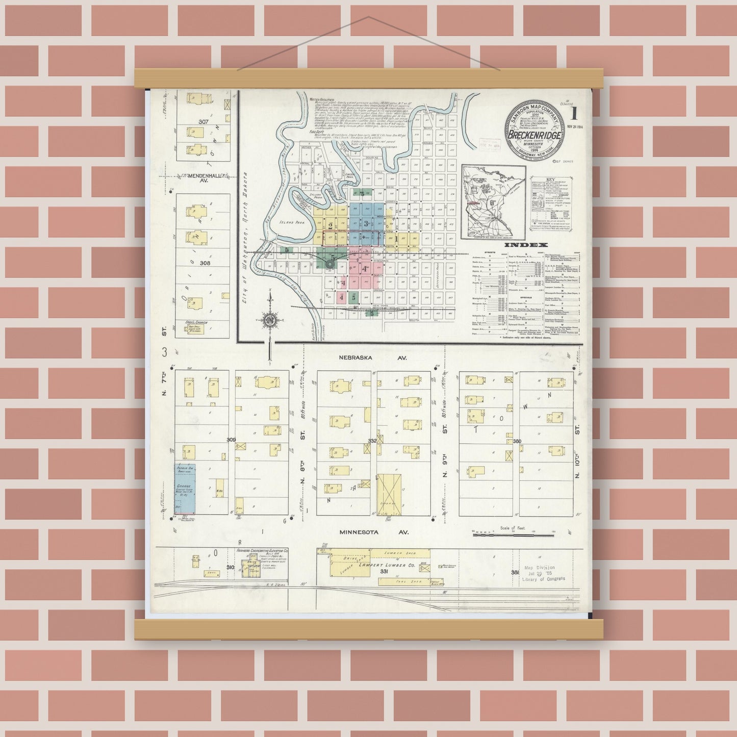 Old map wall art mockup — magnetic wood frame on brick wall — Sanborn Fire Insurance Map from Breckenridge, Wilkin County, Minnesota (1914), Sheet #0001