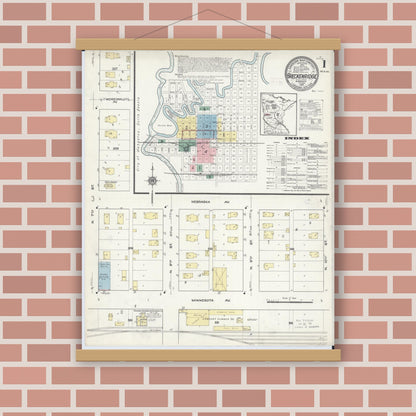 Old map wall art mockup — magnetic wood frame on brick wall — Sanborn Fire Insurance Map from Breckenridge, Wilkin County, Minnesota (1914), Sheet #0001
