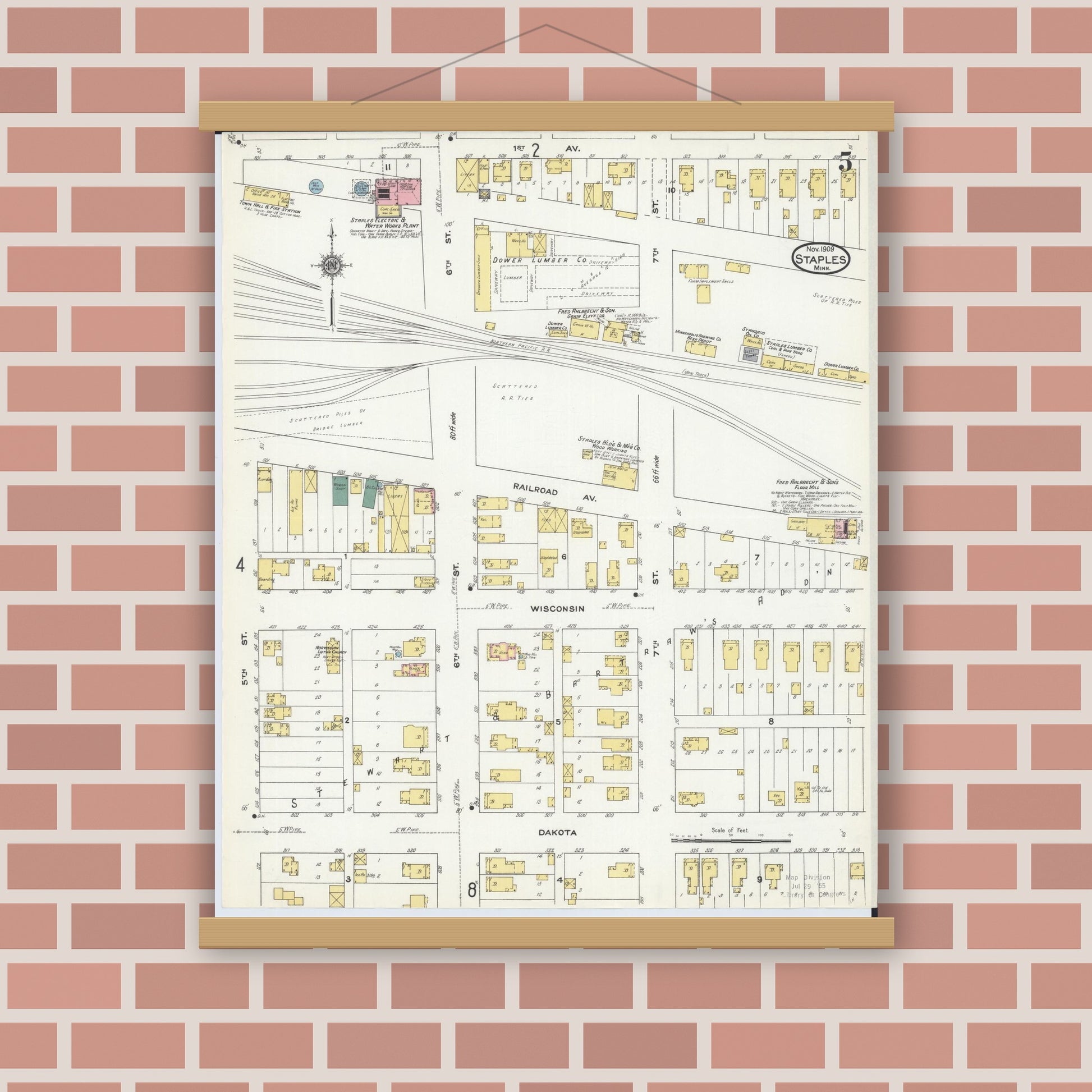 Old map wall art mockup — magnetic wood frame on brick wall — Sanborn Fire Insurance Map from Staples, Todd County, Minnesota (1909), Sheet #0005