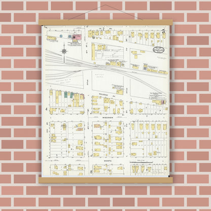 Old map wall art mockup — magnetic wood frame on brick wall — Sanborn Fire Insurance Map from Staples, Todd County, Minnesota (1909), Sheet #0005