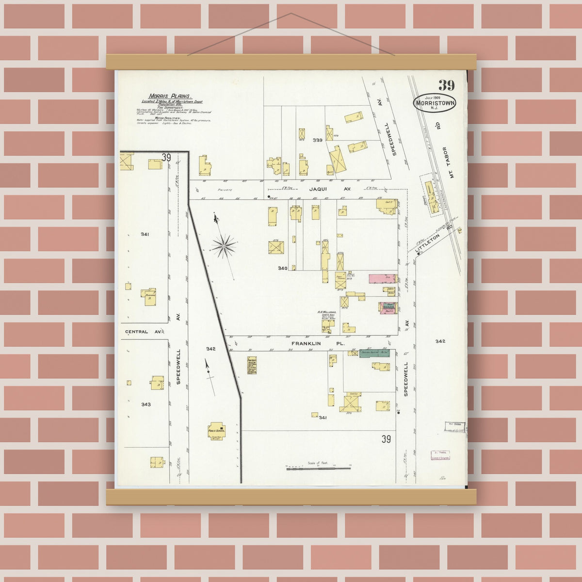 Old map wall art mockup — magnetic wood frame on brick wall — Sanborn Fire Insurance Map from Morristown, Morris County, New Jersey (1909), Sheet #0039