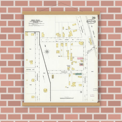 Old map wall art mockup — magnetic wood frame on brick wall — Sanborn Fire Insurance Map from Morristown, Morris County, New Jersey (1909), Sheet #0039
