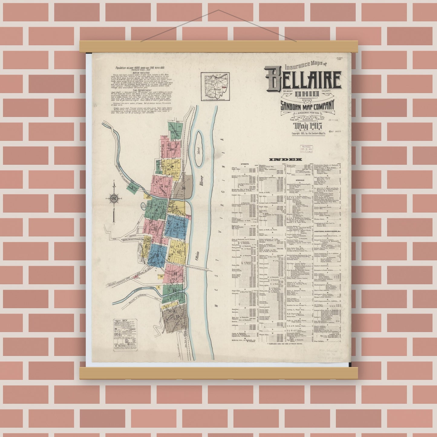 Old map wall art mockup — magnetic wood frame on brick wall — Sanborn Fire Insurance Map from Bellaire, Belmont County, Ohio (1915), Sheet #0001