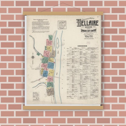 Old map wall art mockup — magnetic wood frame on brick wall — Sanborn Fire Insurance Map from Bellaire, Belmont County, Ohio (1915), Sheet #0001