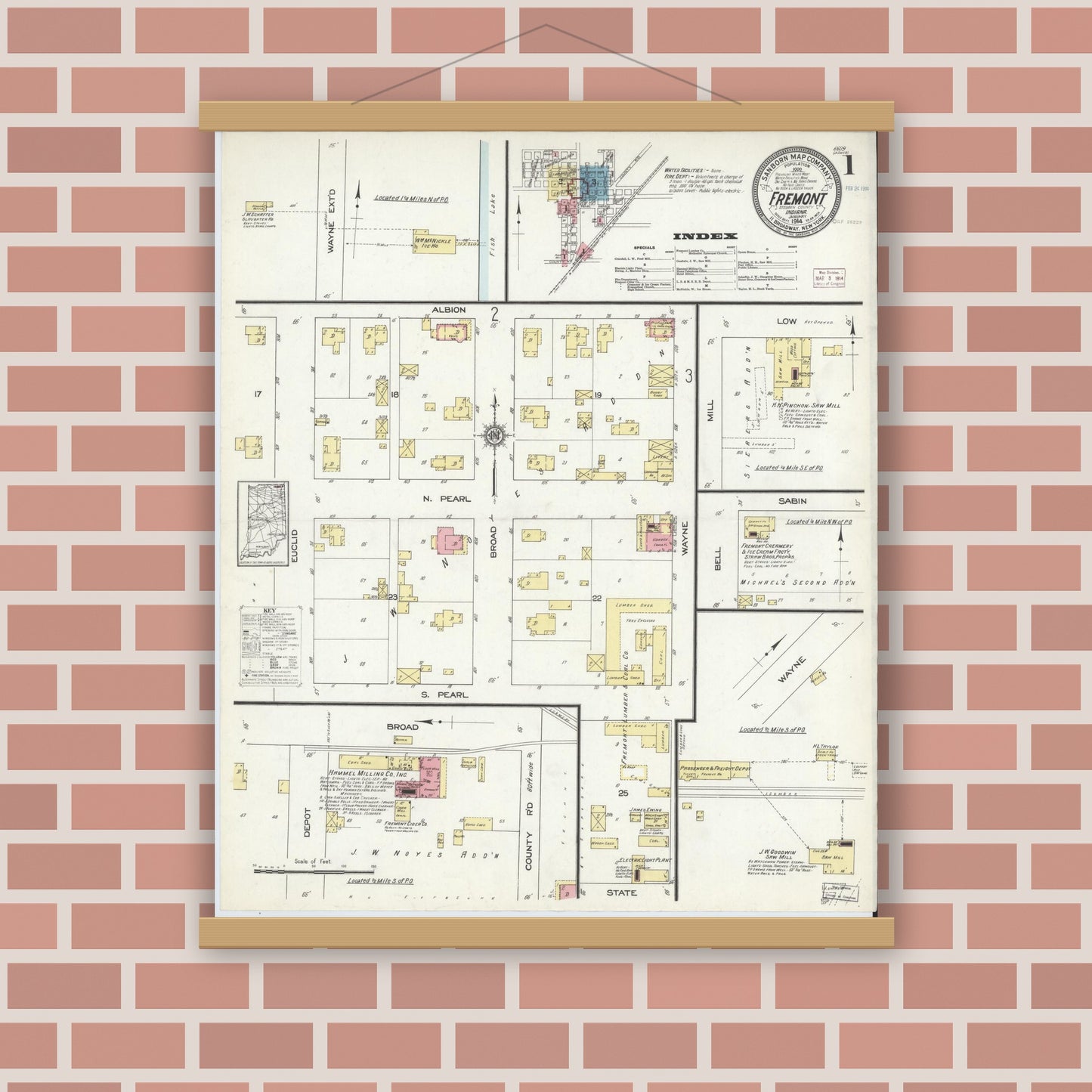 Old map wall art mockup — magnetic wood frame on brick wall — Sanborn Fire Insurance Map from Fremont, Steuben County, Indiana (1914) - Complete Map Set