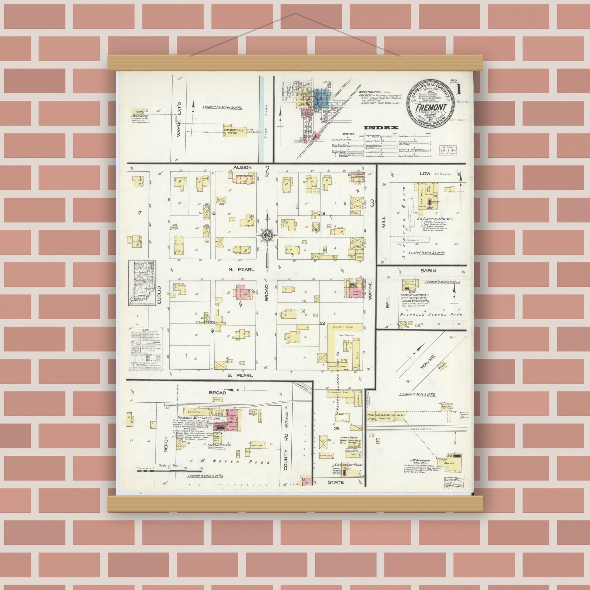 Old map wall art mockup — magnetic wood frame on brick wall — Sanborn Fire Insurance Map from Fremont, Steuben County, Indiana (1914) - Complete Map Set