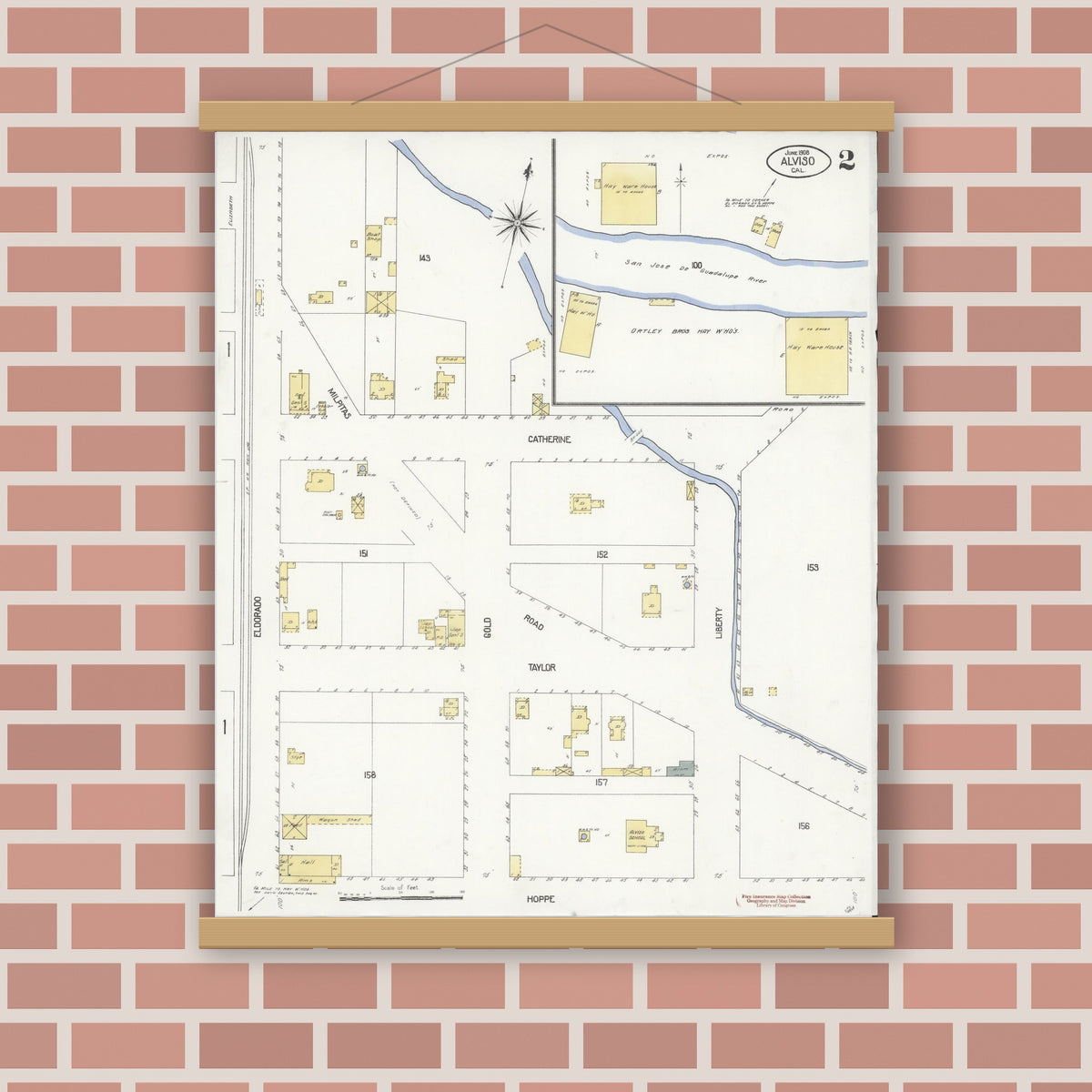 Old map wall art mockup — magnetic wood frame on brick wall — Sanborn Fire Insurance Map from Alviso, Santa Clara County, California (1908), Sheet #0002