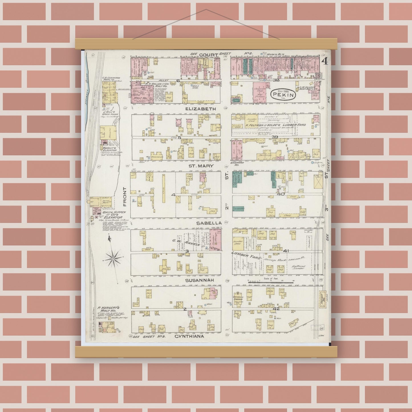 Old map wall art mockup — magnetic wood frame on brick wall — Sanborn Fire Insurance Map from Pekin, Tazewell County, Illinois (1885), Sheet #0004
