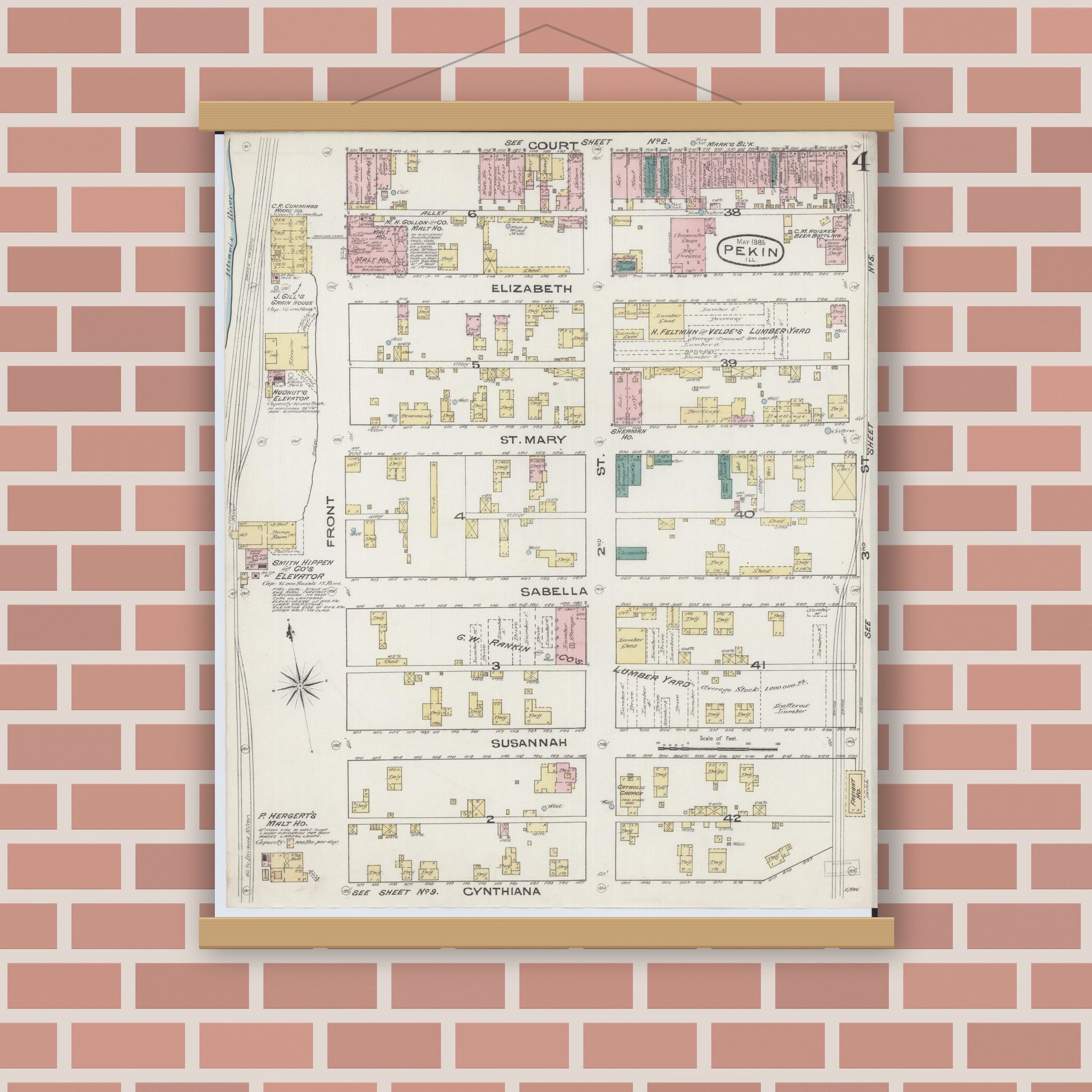Old map wall art mockup — magnetic wood frame on brick wall — Sanborn Fire Insurance Map from Pekin, Tazewell County, Illinois (1885), Sheet #0004