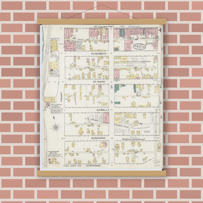 Old map wall art mockup — magnetic wood frame on brick wall — Sanborn Fire Insurance Map from Pekin, Tazewell County, Illinois (1885), Sheet #0004