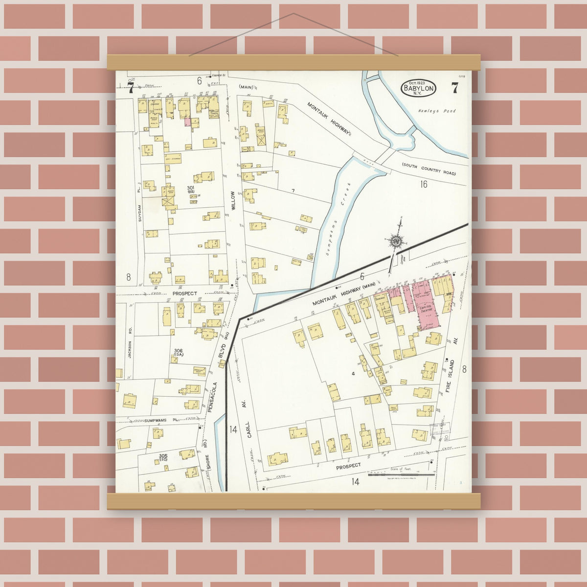 Old map wall art mockup — magnetic wood frame on brick wall — Sanborn Fire Insurance Map from Babylon, Suffolk County, New York (1923), Sheet #0007