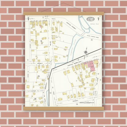 Old map wall art mockup — magnetic wood frame on brick wall — Sanborn Fire Insurance Map from Babylon, Suffolk County, New York (1923), Sheet #0007