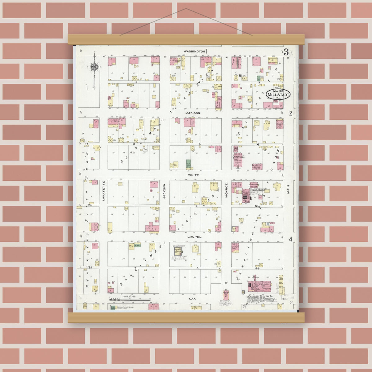 Old map wall art mockup — magnetic wood frame on brick wall — Sanborn Fire Insurance Map from Millstadt, Saint Clair County, Illinois (1910), Sheet #0003