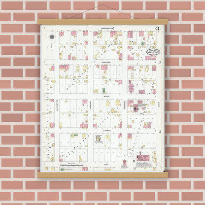 Old map wall art mockup — magnetic wood frame on brick wall — Sanborn Fire Insurance Map from Millstadt, Saint Clair County, Illinois (1910), Sheet #0003