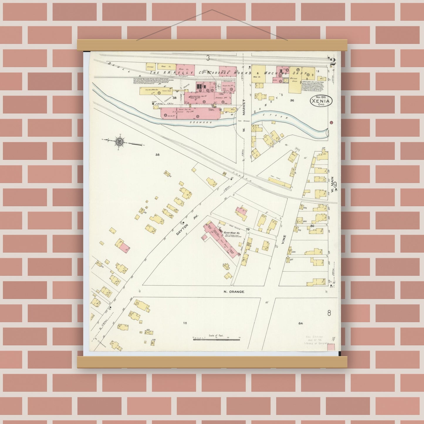 Old map wall art mockup — magnetic wood frame on brick wall — Sanborn Fire Insurance Map from Xenia, Greene County, Ohio (1910), Sheet #0002