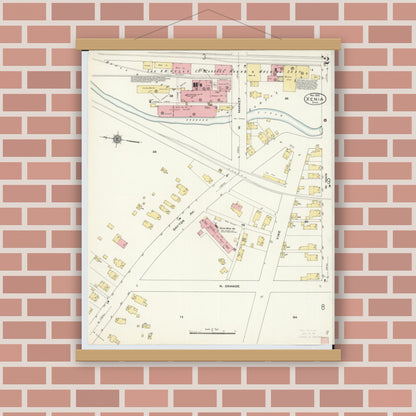Old map wall art mockup — magnetic wood frame on brick wall — Sanborn Fire Insurance Map from Xenia, Greene County, Ohio (1910), Sheet #0002
