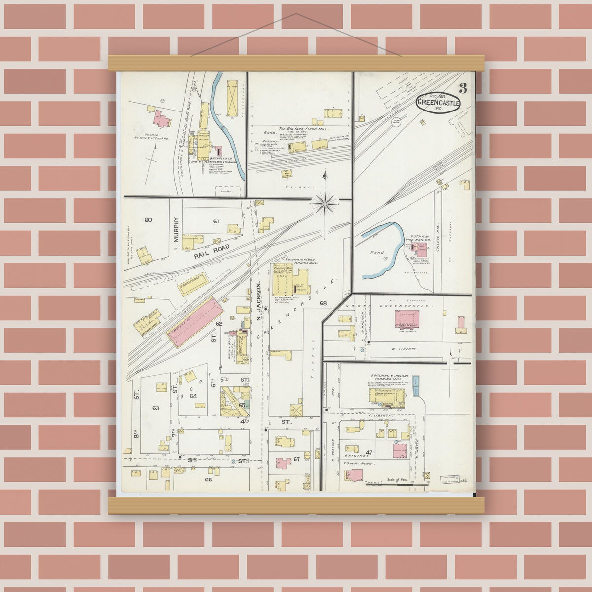 Old map wall art mockup — magnetic wood frame on brick wall — Sanborn Fire Insurance Map from Greencastle, Putnam County, Indiana (1892), Sheet #0003