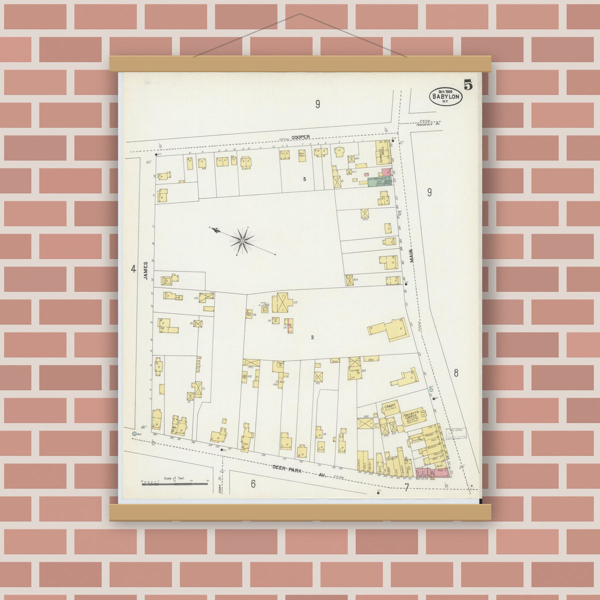 Old map wall art mockup — magnetic wood frame on brick wall — Sanborn Fire Insurance Map from Babylon, Suffolk County, New York (1902), Sheet #0005
