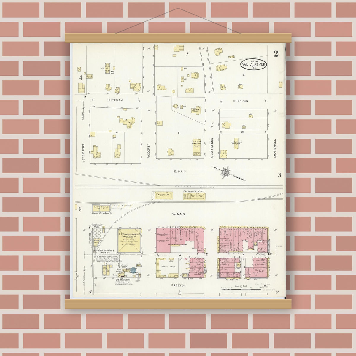 Old map wall art mockup — magnetic wood frame on brick wall — Sanborn Fire Insurance Map from Van Alstyne, Grayson County, Texas (1914), Sheet #0002