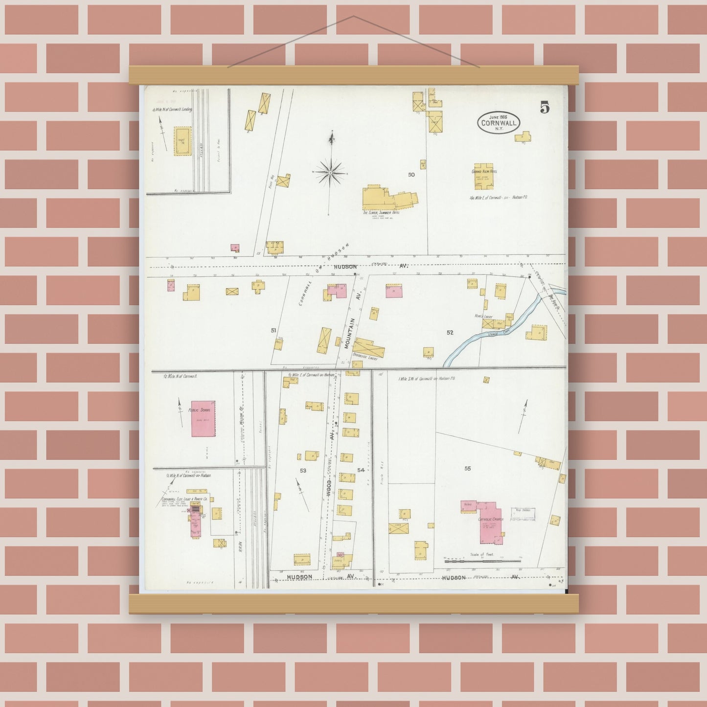 Old map wall art mockup — magnetic wood frame on brick wall — Sanborn Fire Insurance Map from Cornwall, Orange County, New York (1905), Sheet #0005