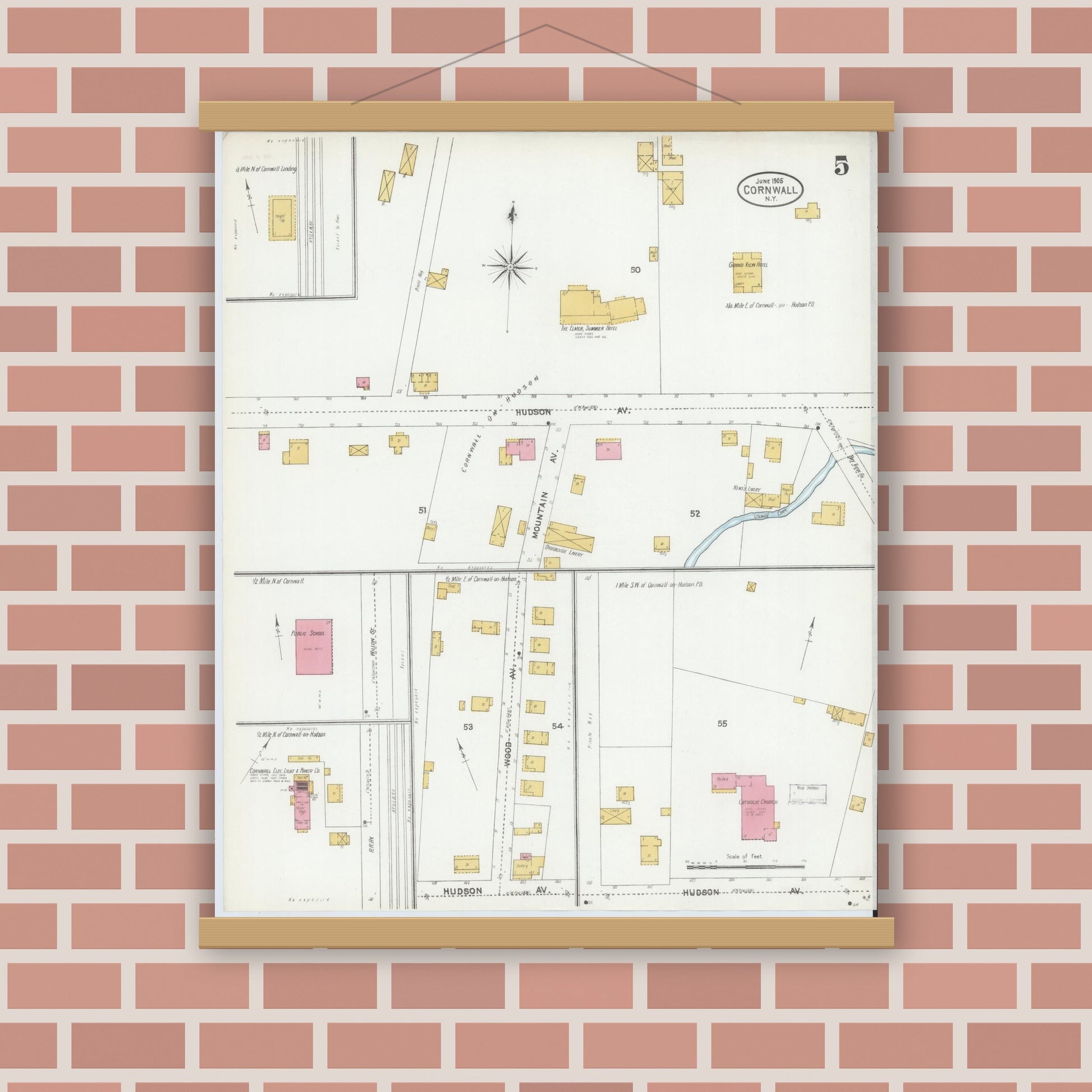 Old map wall art mockup — magnetic wood frame on brick wall — Sanborn Fire Insurance Map from Cornwall, Orange County, New York (1905), Sheet #0005