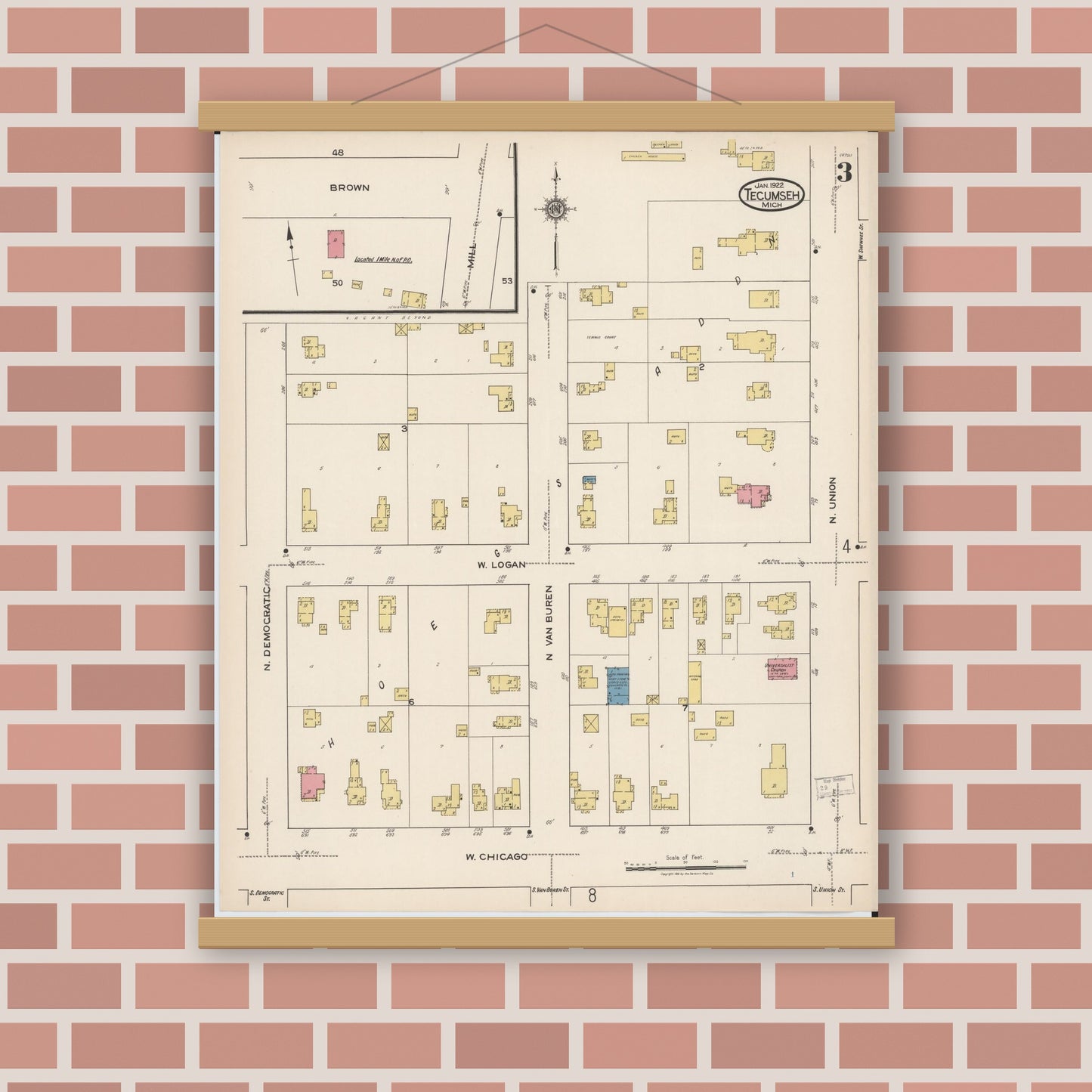 Old map wall art mockup — magnetic wood frame on brick wall — Sanborn Fire Insurance Map from Tecumseh, Lenawee County, Michigan (1922), Sheet #0003