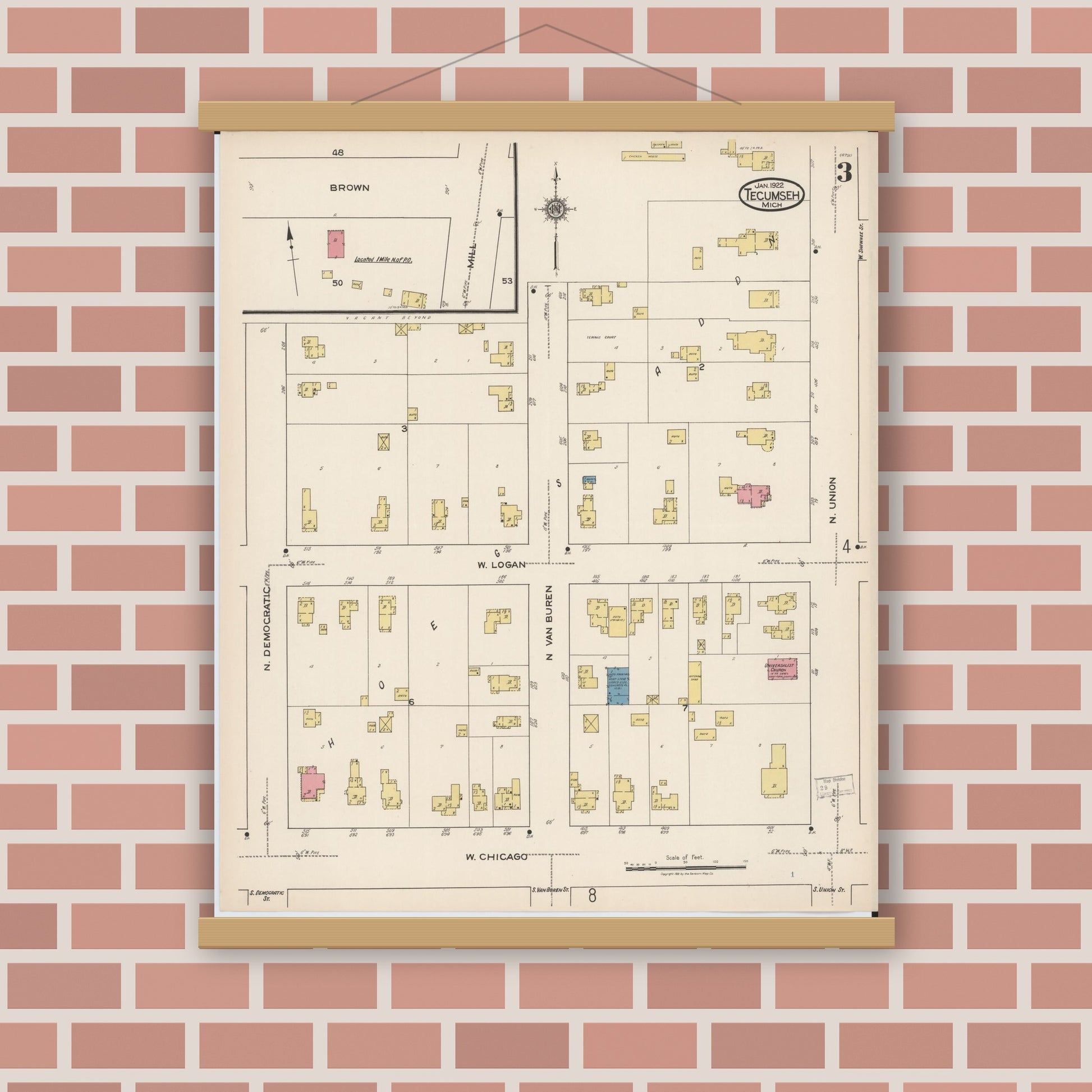 Old map wall art mockup — magnetic wood frame on brick wall — Sanborn Fire Insurance Map from Tecumseh, Lenawee County, Michigan (1922), Sheet #0003