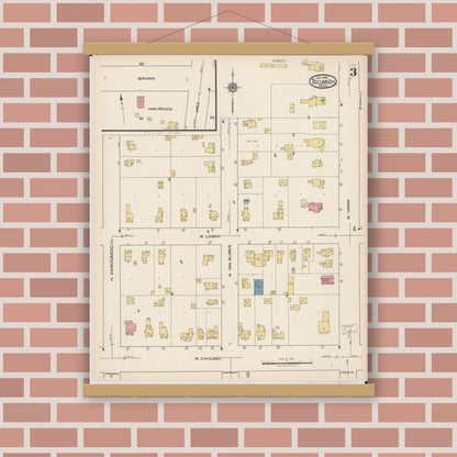 Old map wall art mockup — magnetic wood frame on brick wall — Sanborn Fire Insurance Map from Tecumseh, Lenawee County, Michigan (1922), Sheet #0003