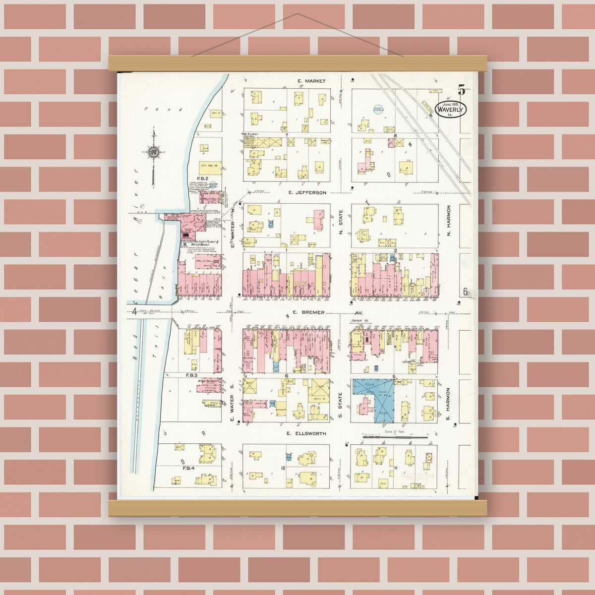 Old map wall art mockup — magnetic wood frame on brick wall — Sanborn Fire Insurance Map from Waverly, Bremer County, Iowa (1915), Sheet #0005
