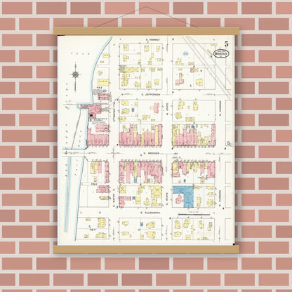 Old map wall art mockup — magnetic wood frame on brick wall — Sanborn Fire Insurance Map from Waverly, Bremer County, Iowa (1915), Sheet #0005