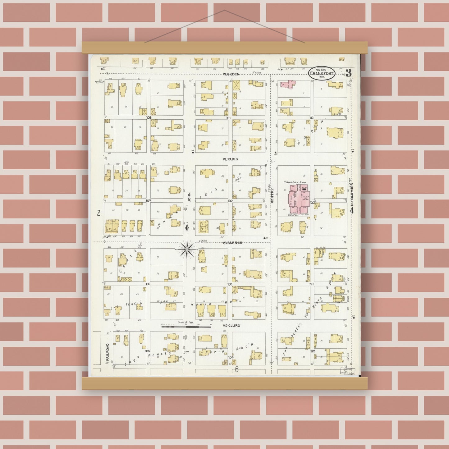 Old map wall art mockup — magnetic wood frame on brick wall — Sanborn Fire Insurance Map from Frankfort, Clinton County, Indiana (1906), Sheet #0003