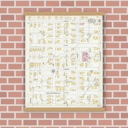 Old map wall art mockup — magnetic wood frame on brick wall — Sanborn Fire Insurance Map from Frankfort, Clinton County, Indiana (1906), Sheet #0003
