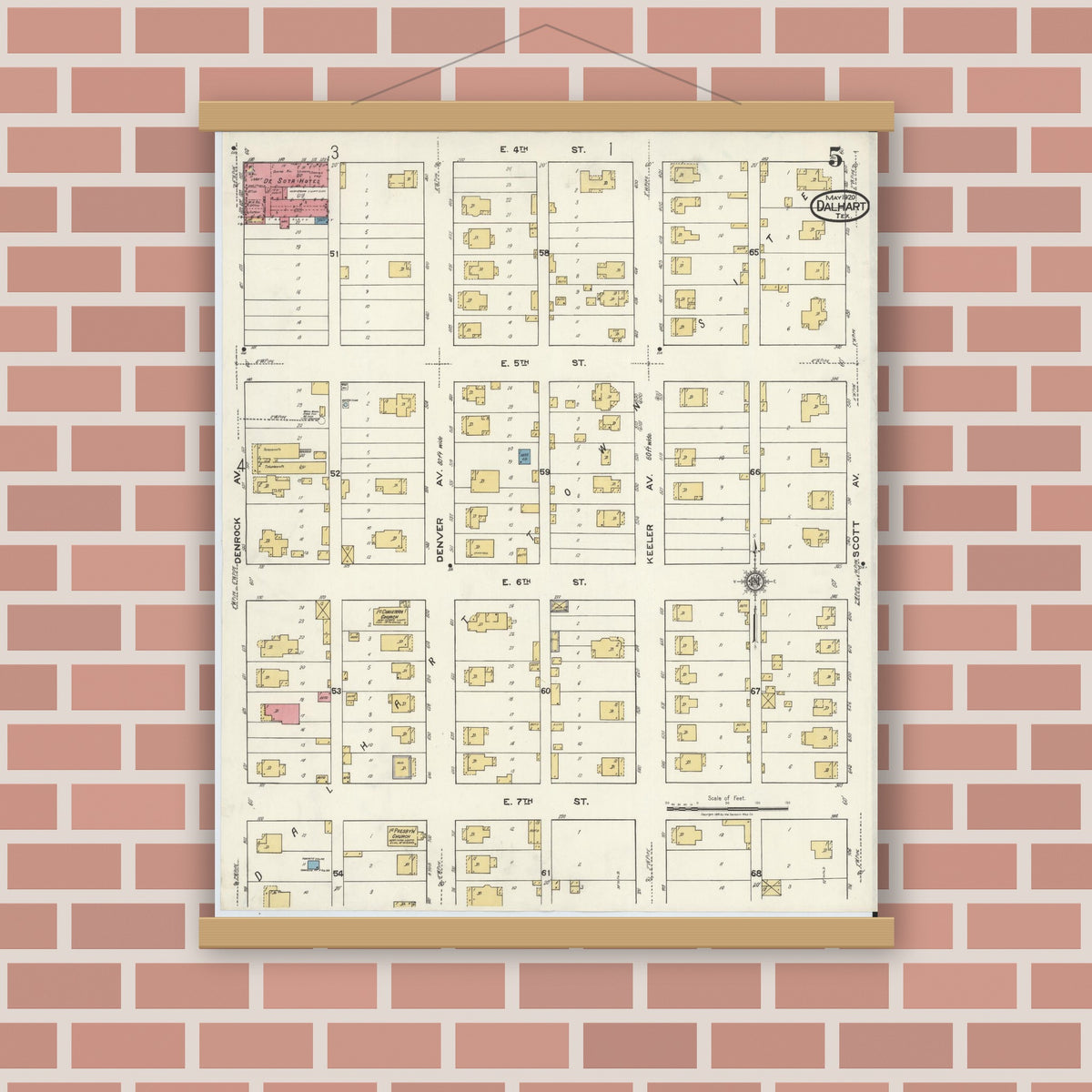 Old map wall art mockup — magnetic wood frame on brick wall — Sanborn Fire Insurance Map from Dalhart, Dallam And Hartley County, Texas (1920), Sheet #0005