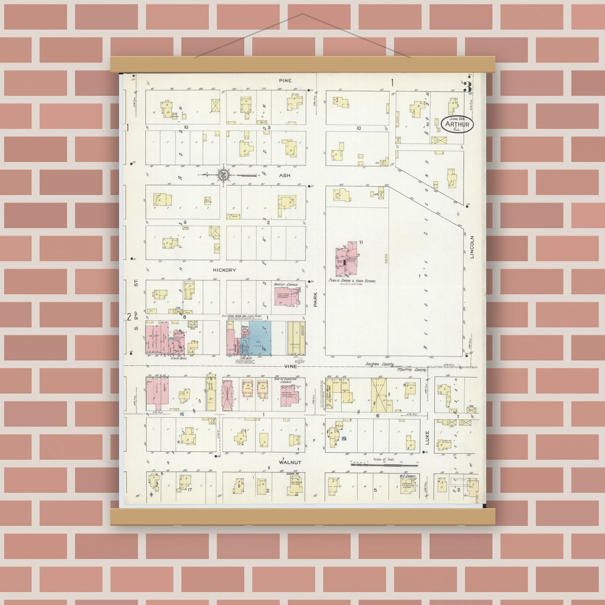 Old map wall art mockup — magnetic wood frame on brick wall — Sanborn Fire Insurance Map from Arthur, Moultrie And Douglas Counties, Illinois (1914), Sheet #0003