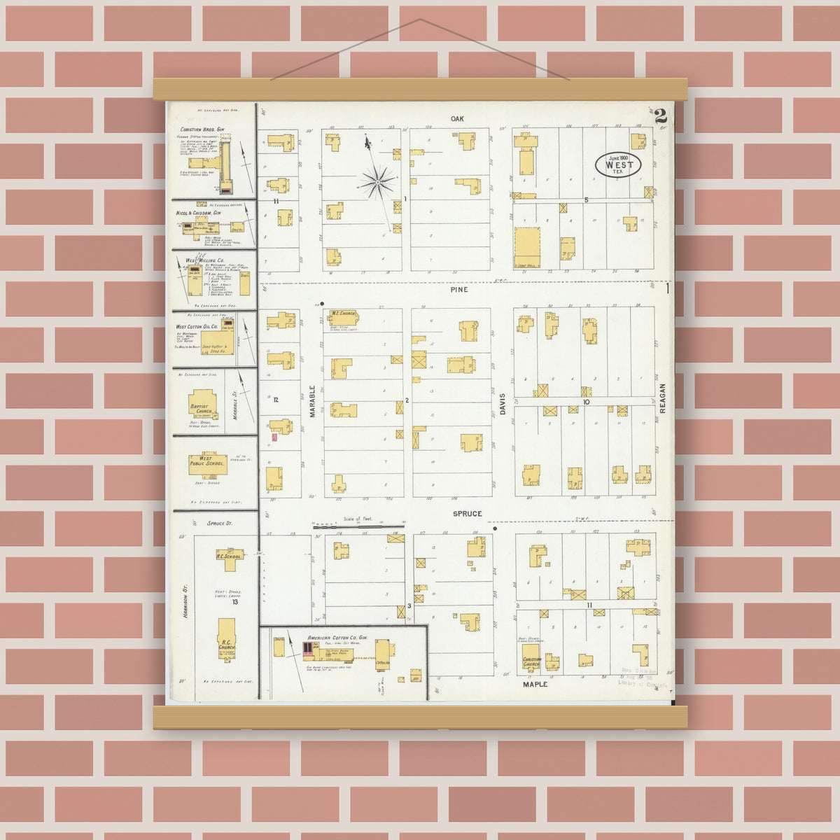 Old map wall art mockup — magnetic wood frame on brick wall — Sanborn Fire Insurance Map from West, McLennan County, Texas (1900), Sheet #0002