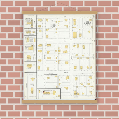 Old map wall art mockup — magnetic wood frame on brick wall — Sanborn Fire Insurance Map from West, McLennan County, Texas (1900), Sheet #0002