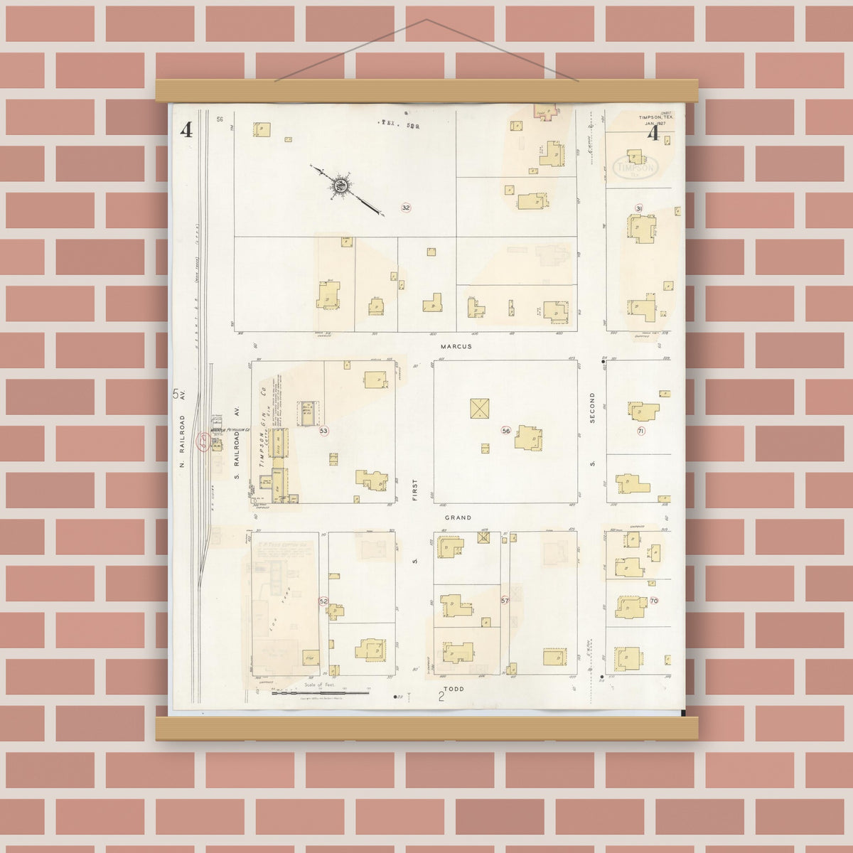 Old map wall art mockup — magnetic wood frame on brick wall — Sanborn Fire Insurance Map from Timpson, Shelby County, Texas (1941), Sheet #0004