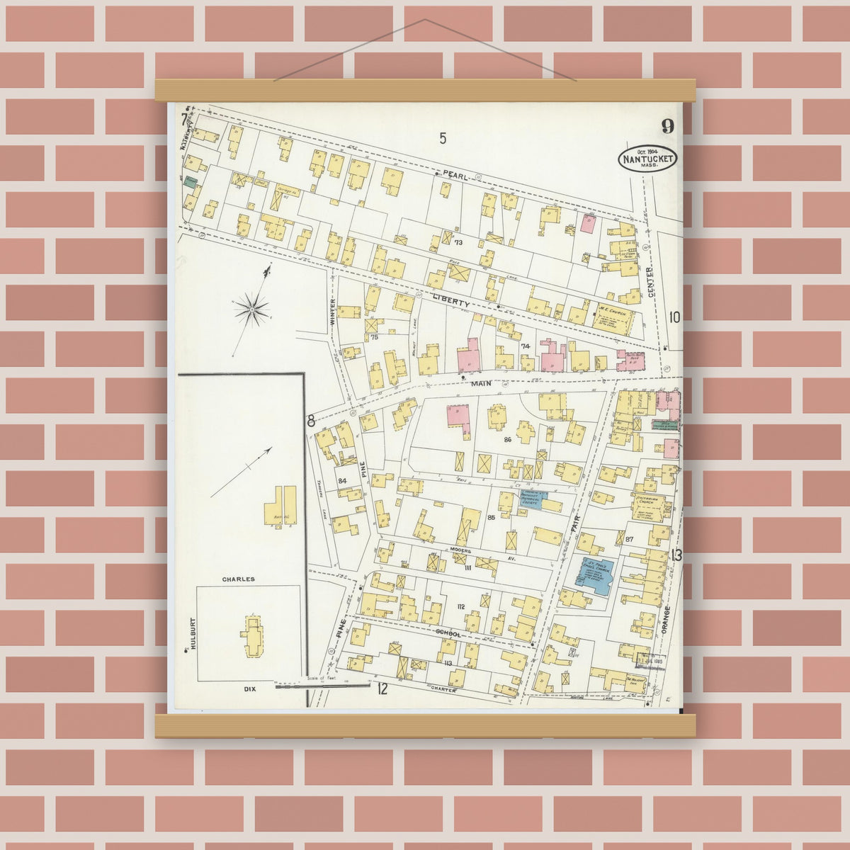 Old map wall art mockup — magnetic wood frame on brick wall — Sanborn Fire Insurance Map from Nantucket, Nantucket County, Massachusetts (1904), Sheet #0009